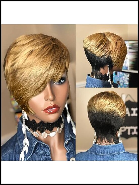 Pixie Cut Human Hair Wig for Women - Short Bob with Bangs, Glueless, Machine main image 4